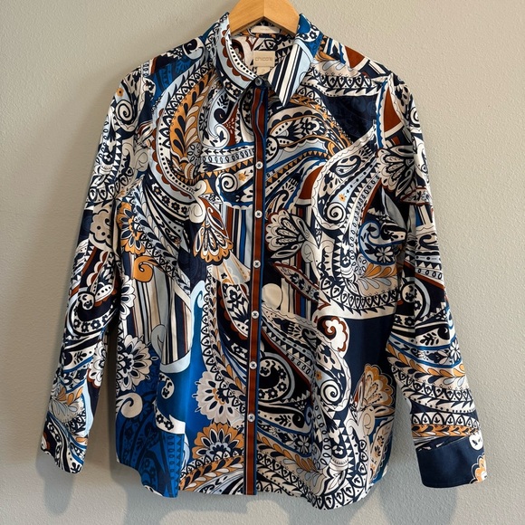 Chico’s Colorful Paisley Floral Button-Up Shirt Office Work Light Sz 2 L/12 - Picture 1 of 6